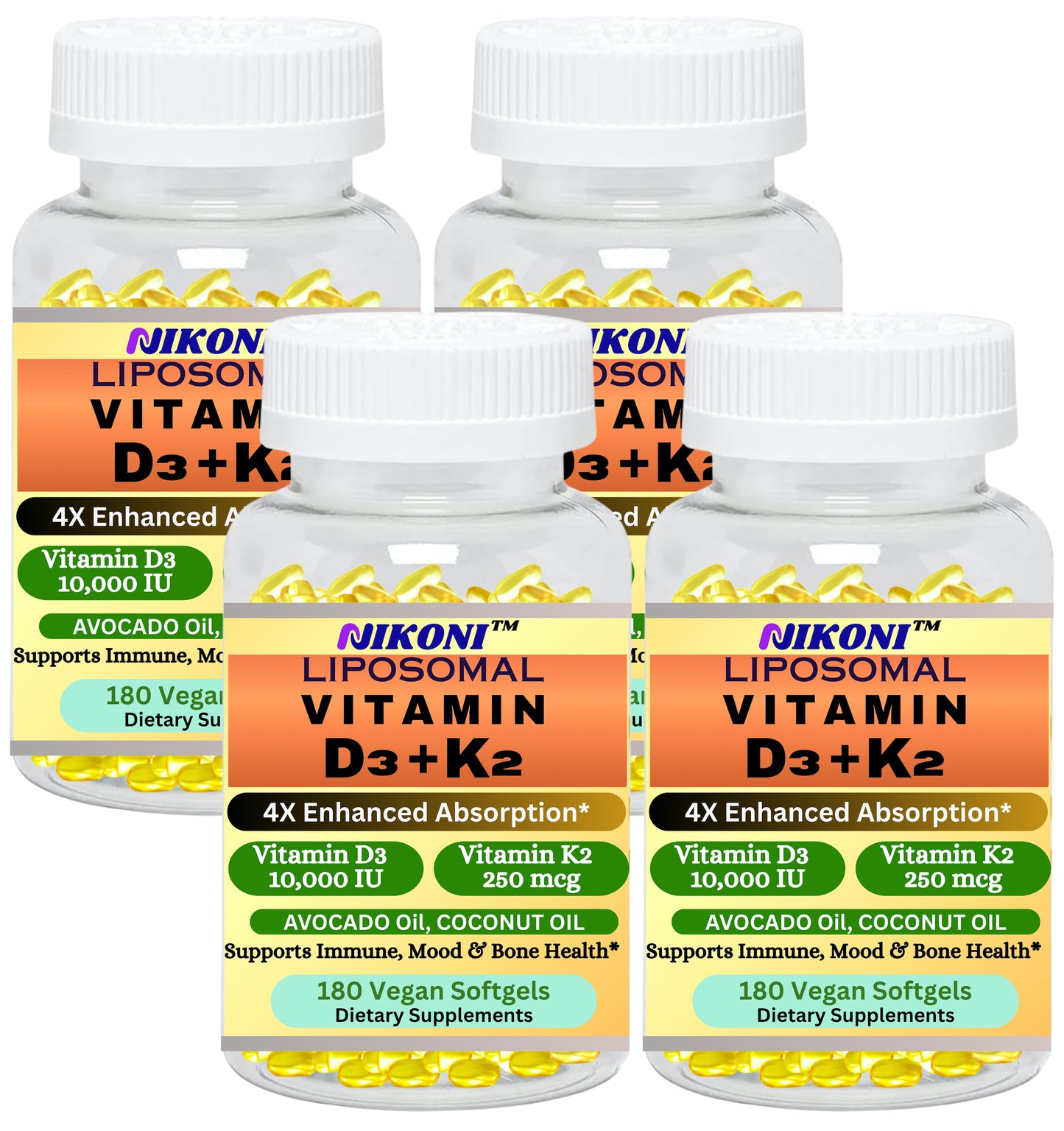 Nikoni Liposomal Vitamin D3 10000 IU, Vitamin K2 250 mcg, Vegan Softgels Supports Bone Health