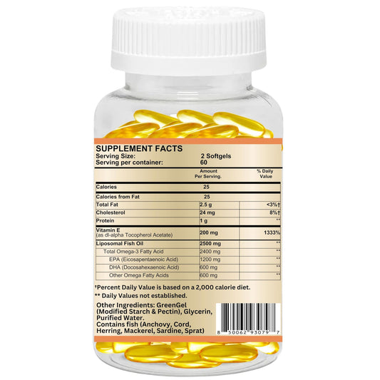 Nikoni Liposomal Lemon Flavored Fish Oil 2400 mg with 200 mg of Vitamin E Vegan Softgels