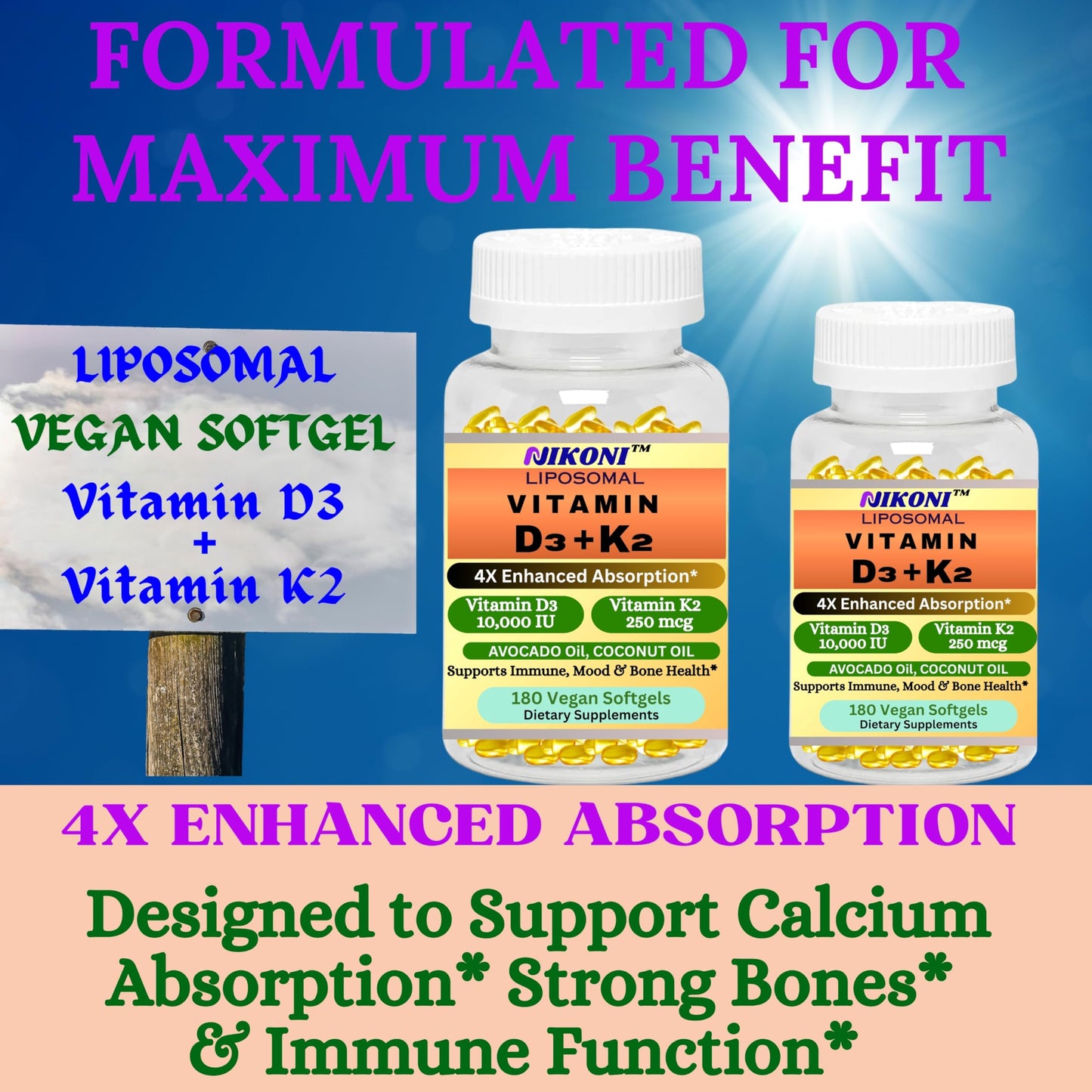 Nikoni Liposomal Vitamin D3 10000 IU, Vitamin K2 250 mcg, Vegan Softgels Supports  Bone Health