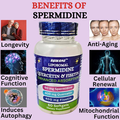 Nikoni Liposomal Spermidine, Quercetin, Fisetin Softgels for Healthy Aging, Cellular Renewal.