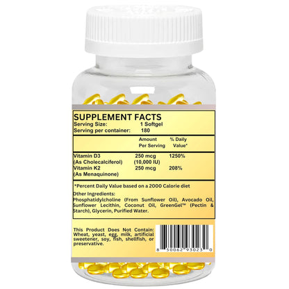 Nikoni Liposomal Vitamin D3 10000 IU, Vitamin K2 250 mcg, Vegan Softgels Supports  Bone Health