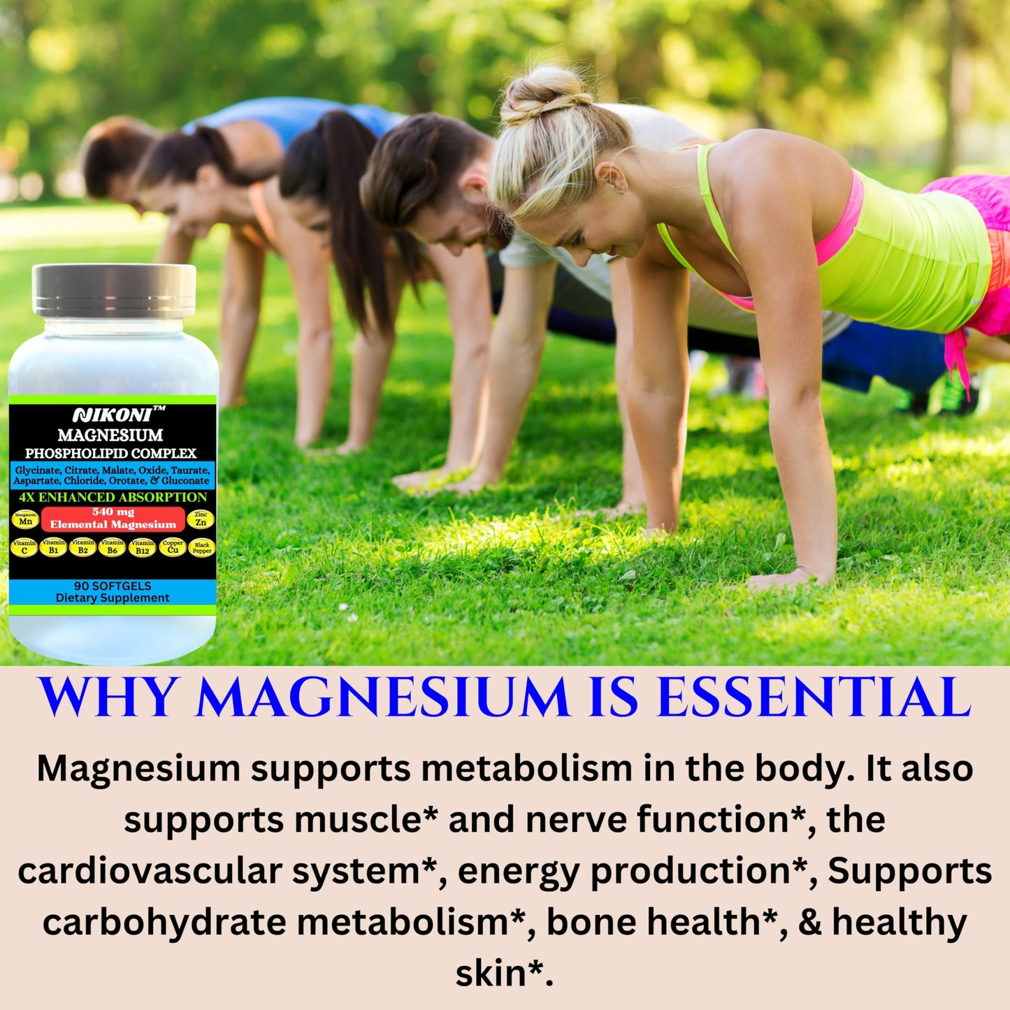 Nikoni Phospholipid Magnesium Complex 2500mg (9 Magnesium Salts, 5 Vitamins & 3 Minerals) Softgels