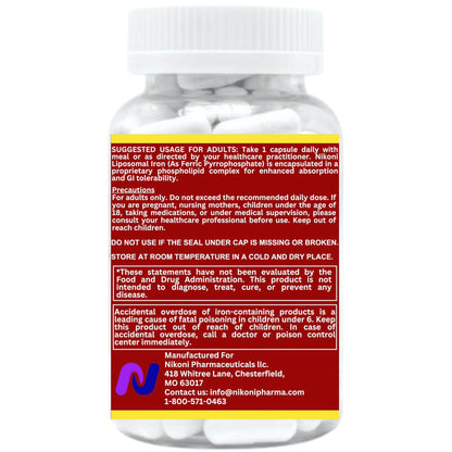 Nikoni Liposomal Iron 21 mg Capsules Promotes Red Blood Cells.