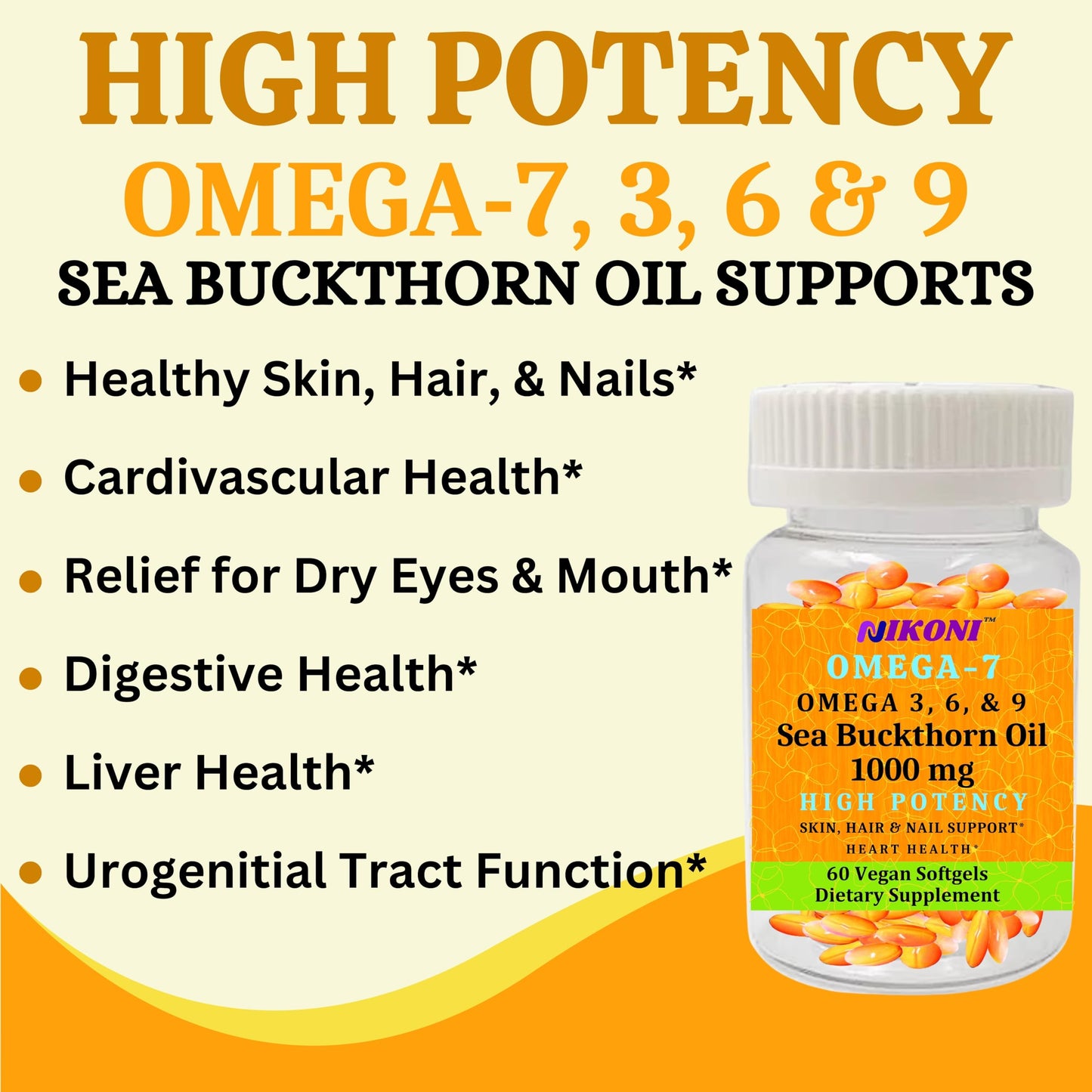 Nikoni Organic Sea Buckthorn Oil Vegan Softgels forr Healthy Skin, Hair, Nails