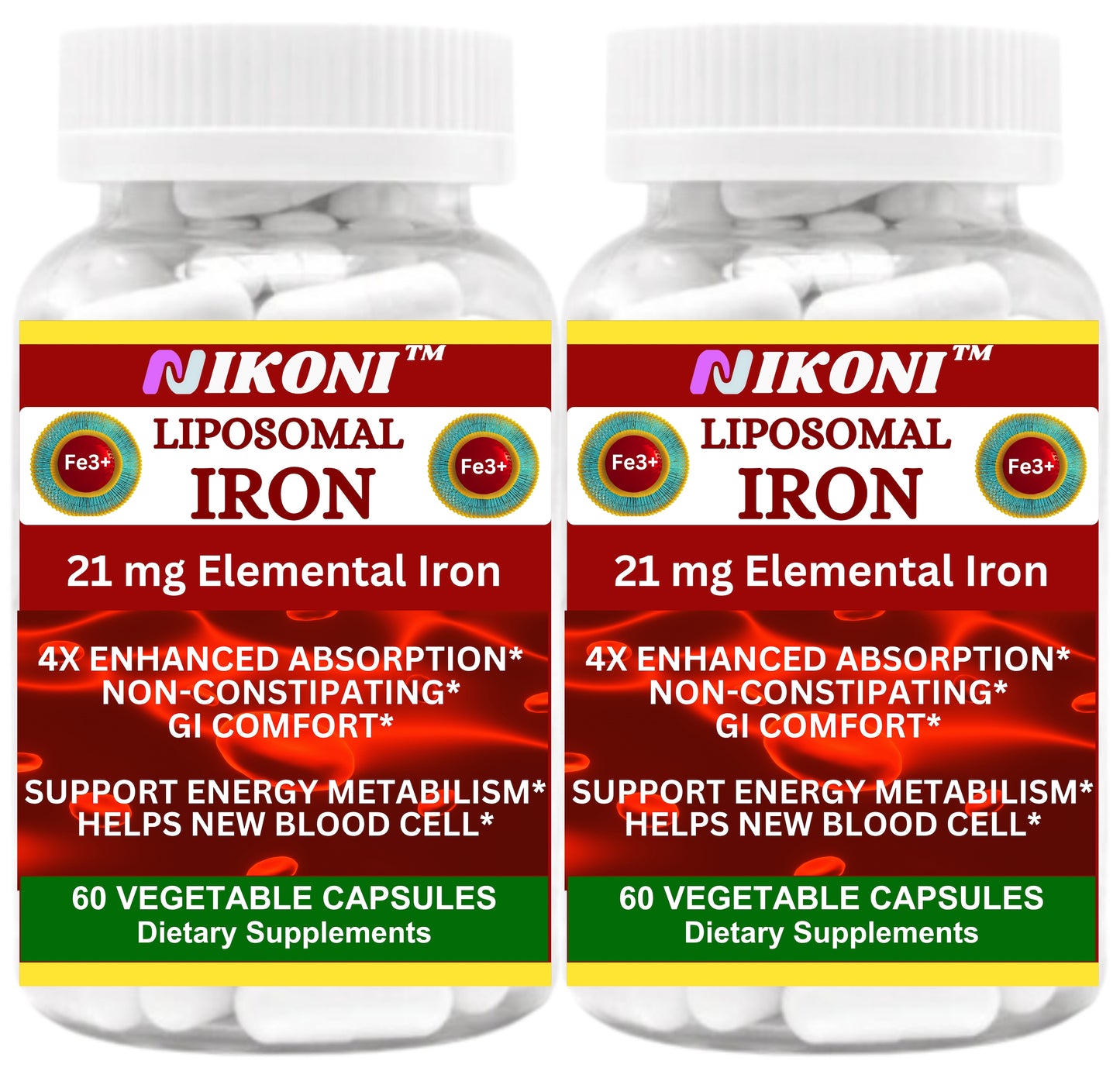 Nikoni Liposomal Iron 21 mg Capsules Promotes Red Blood Cells.