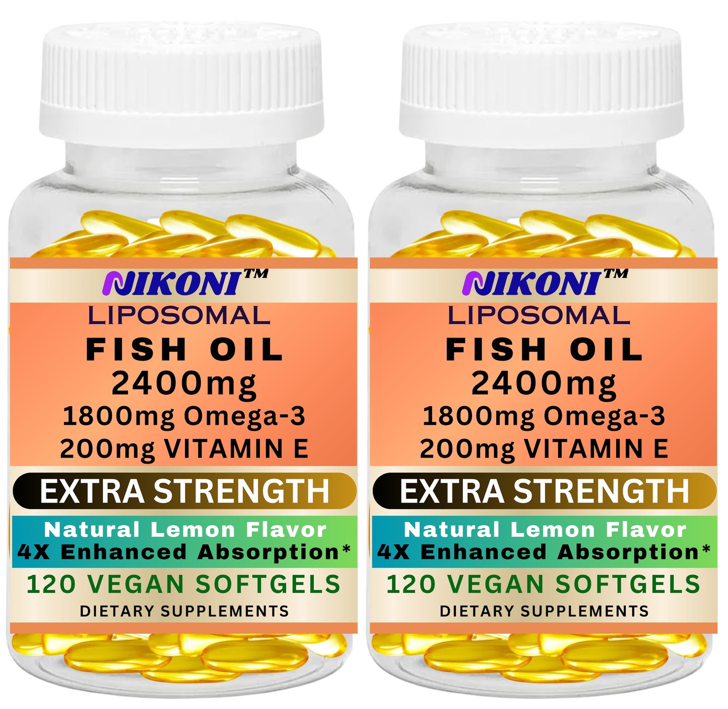 Nikoni Liposomal Lemon Flavored Fish Oil 2400 mg with 200 mg of Vitamin E  Vegan Softgels