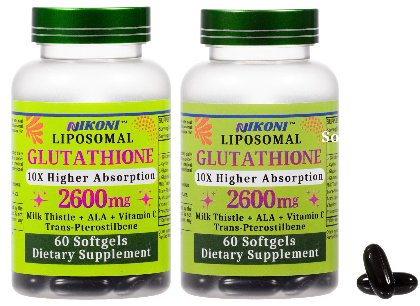 Nikoni Liposomal Glutathione 2600 mg Softgels for Skin Health, Immune Health, and Detox.