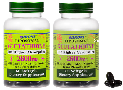 Nikoni Liposomal Glutathione 2600 mg Softgels for Skin Health, Immune Health, and Detox.