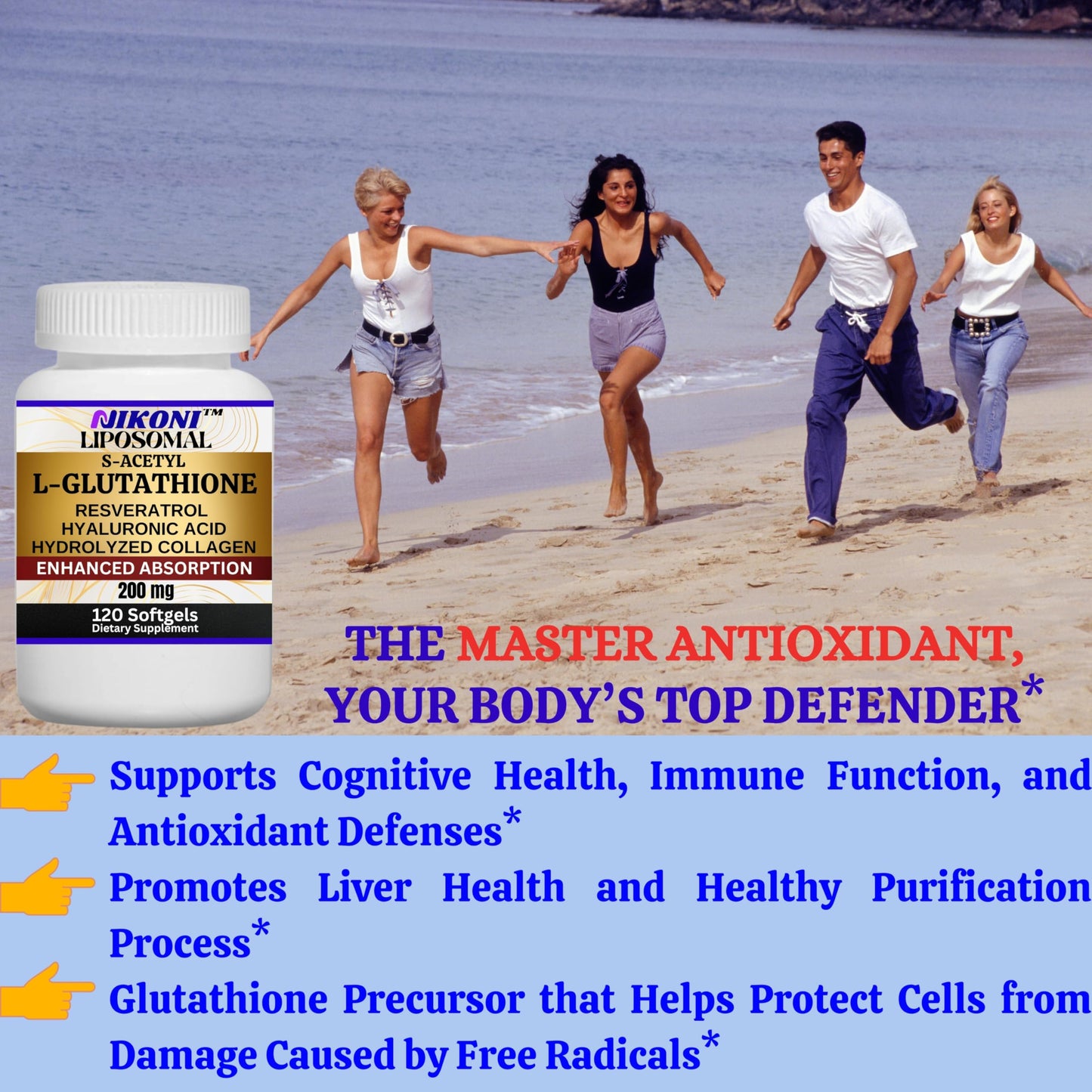 Nikoni Liposomal S-Acetyl L-Glutathione Resveratrol, Hyaluronic Acid & Collagen  Softgels