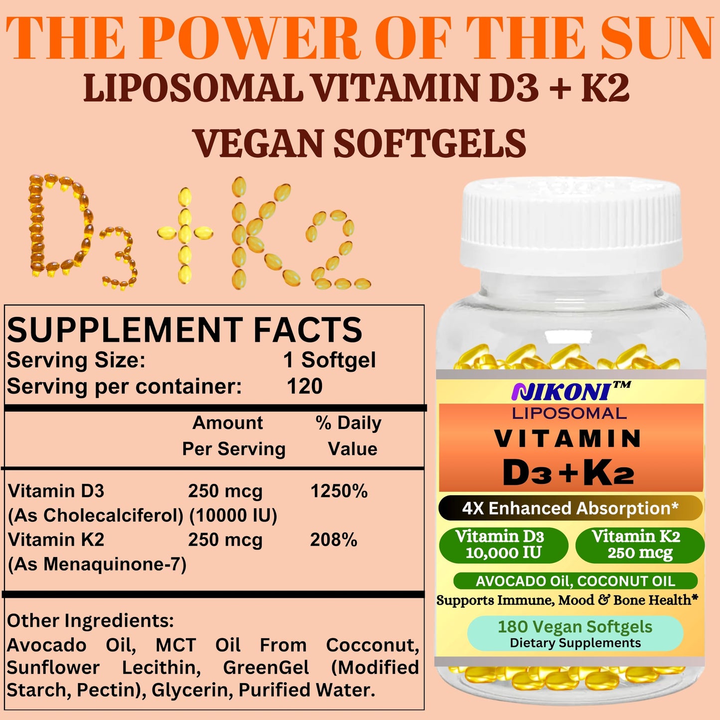 Nikoni Liposomal Vitamin D3 10000 IU, Vitamin K2 250 mcg, Vegan Softgels Supports  Bone Health