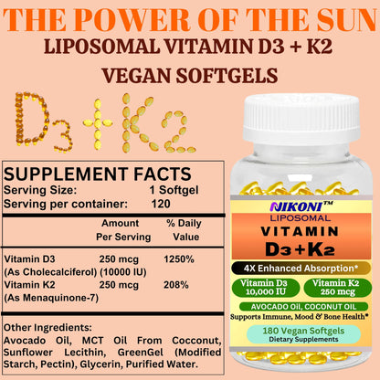 Nikoni Liposomal Vitamin D3 10000 IU, Vitamin K2 250 mcg, Vegan Softgels Supports  Bone Health