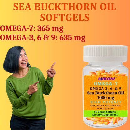 Nikoni Organic Sea Buckthorn Oil Vegan Softgels forr Healthy Skin, Hair, Nails