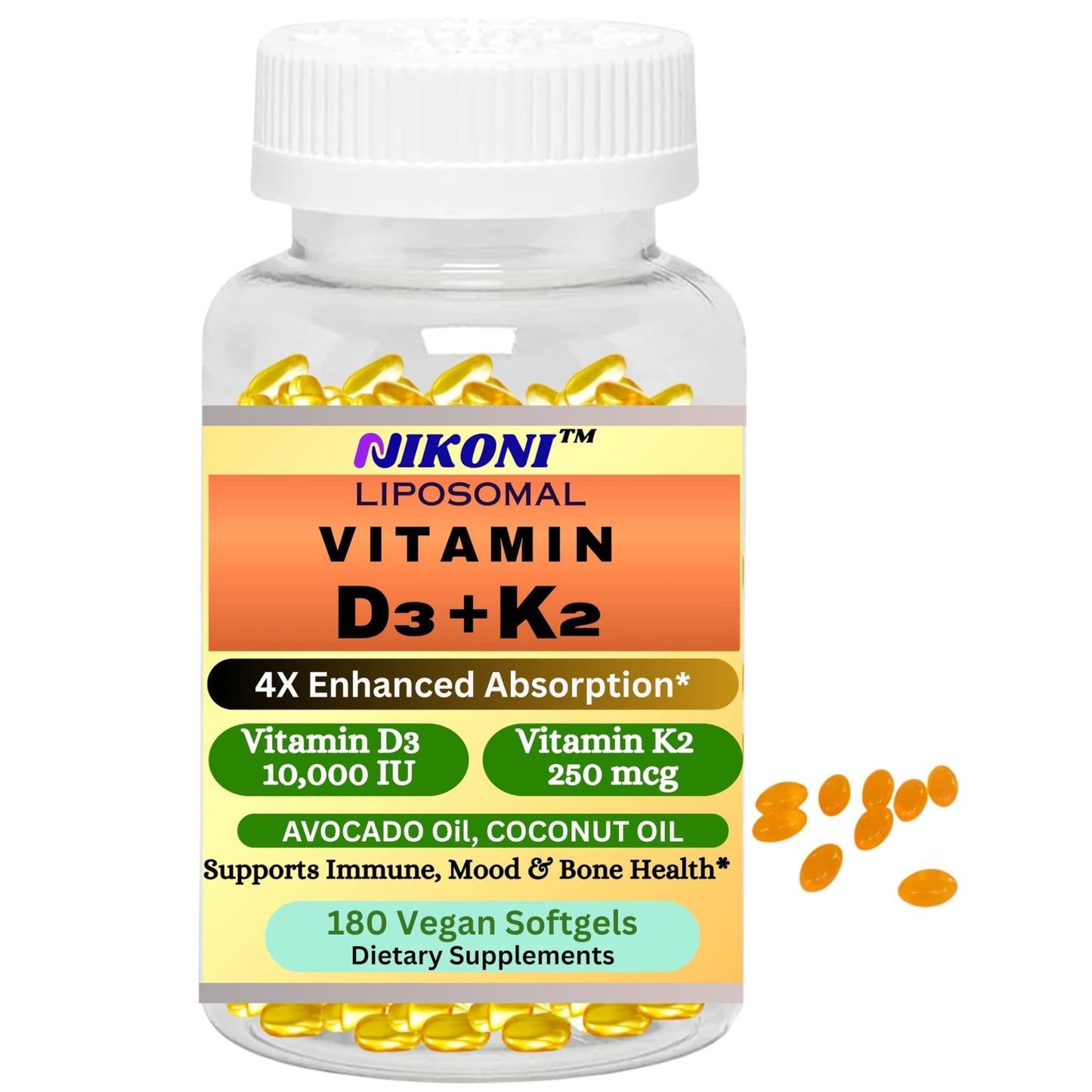 Nikoni Liposomal Vitamin D3 10000 IU, Vitamin K2 250 mcg, Vegan Softgels Supports  Bone Health