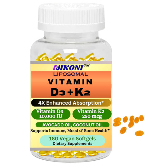 Nikoni Liposomal Vitamin D3 10000 IU, Vitamin K2 250 mcg, Vegan Softgels Supports  Bone Health