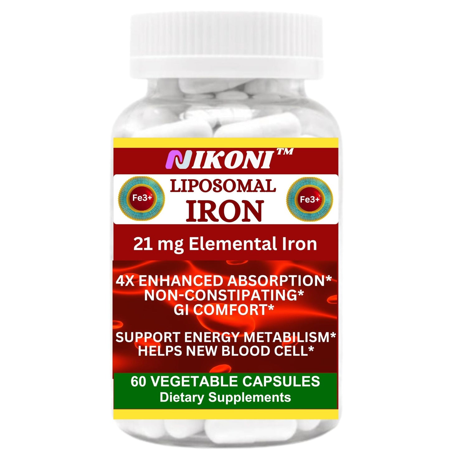 Nikoni Liposomal Iron 21 mg Capsules Promotes Red Blood Cells.