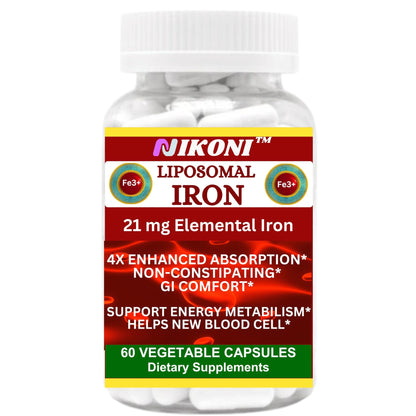 Nikoni Liposomal Iron 21 mg Capsules Promotes Red Blood Cells.