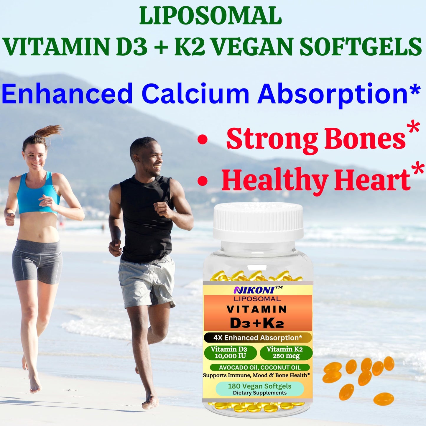 Nikoni Liposomal Vitamin D3 10000 IU, Vitamin K2 250 mcg, Vegan Softgels Supports  Bone Health