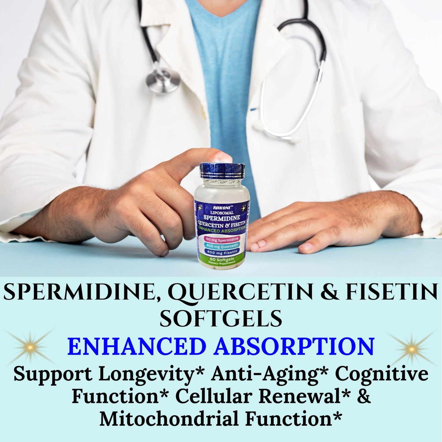 Nikoni Liposomal Spermidine, Quercetin, Fisetin Softgels for Healthy Aging, Cellular Renewal.