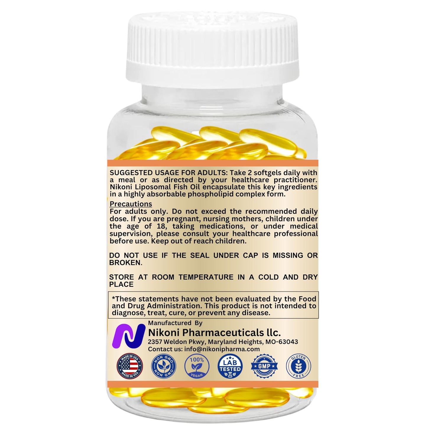 Nikoni Liposomal Lemon Flavored Fish Oil 2400 mg with 200 mg of Vitamin E  Vegan Softgels