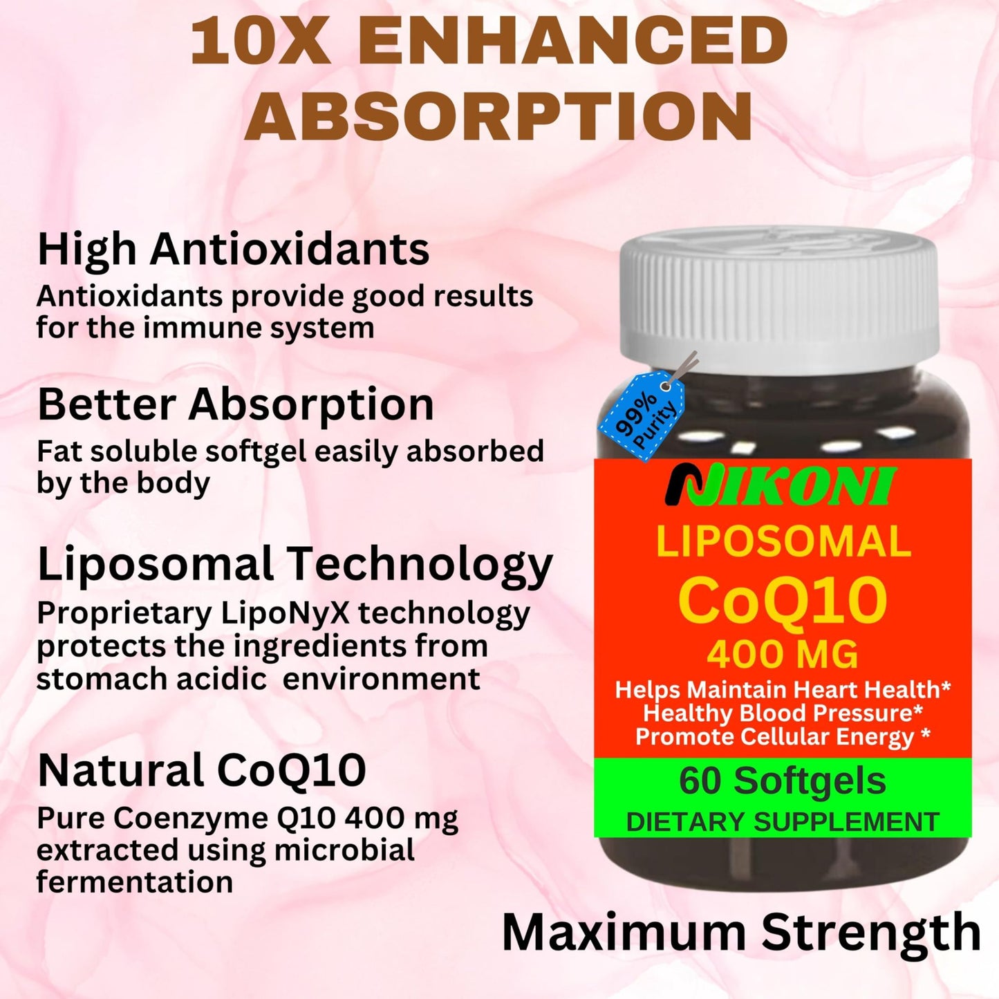 Nikoni Liposomal CoQ10 400 mg, Higher Absorption, Heart Health Softgels