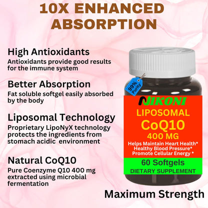 Nikoni Liposomal CoQ10 400 mg, Higher Absorption, Heart Health Softgels