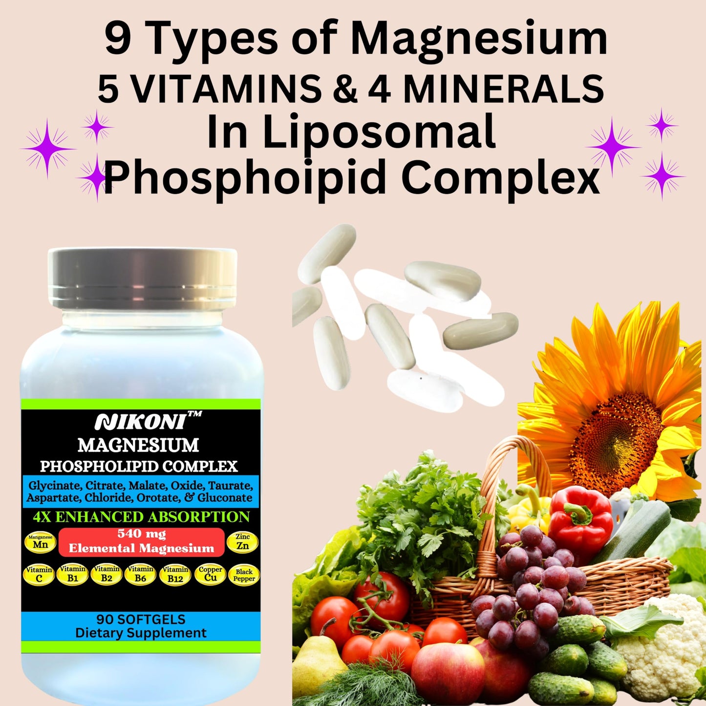 Nikoni Phospholipid Magnesium Complex 2500mg (9 Magnesium Salts, 5 Vitamins & 3 Minerals) Softgels