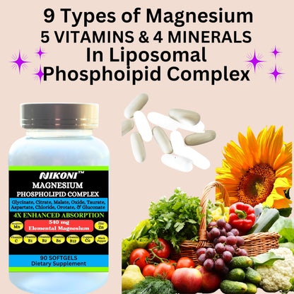 Nikoni Phospholipid Magnesium Complex 2500mg (9 Magnesium Salts, 5 Vitamins & 3 Minerals) Softgels