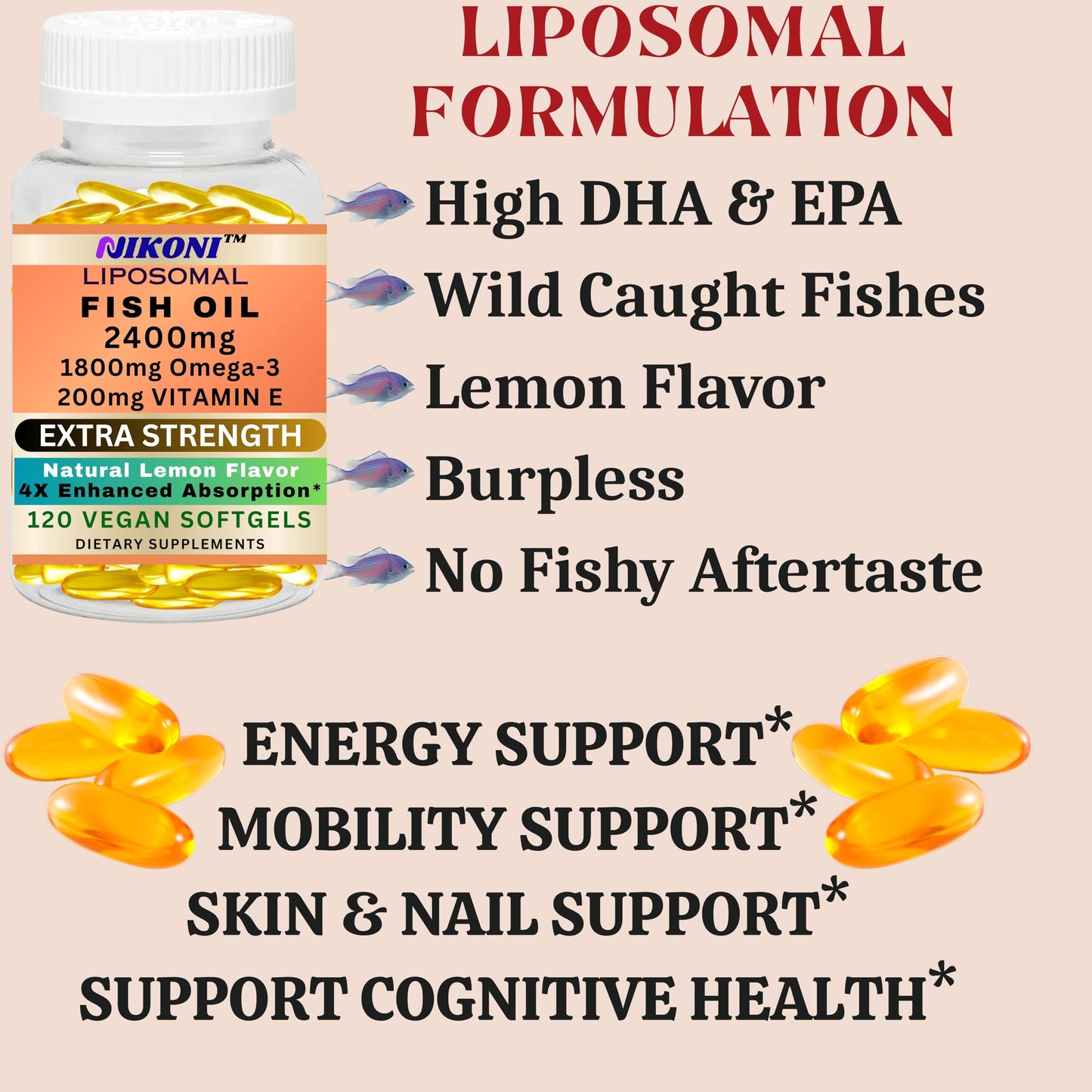 Nikoni Liposomal Lemon Flavored Fish Oil 2400 mg with 200 mg of Vitamin E  Vegan Softgels