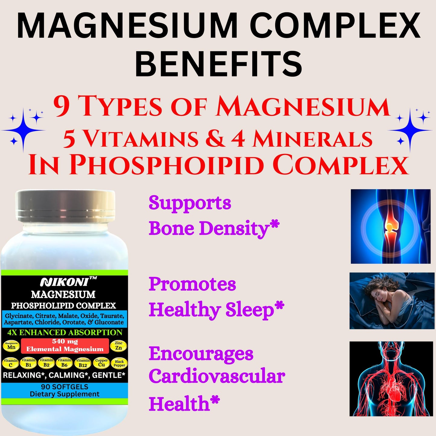 Nikoni Phospholipid Magnesium Complex 2500mg (9 Magnesium Salts, 5 Vitamins & 3 Minerals) Softgels