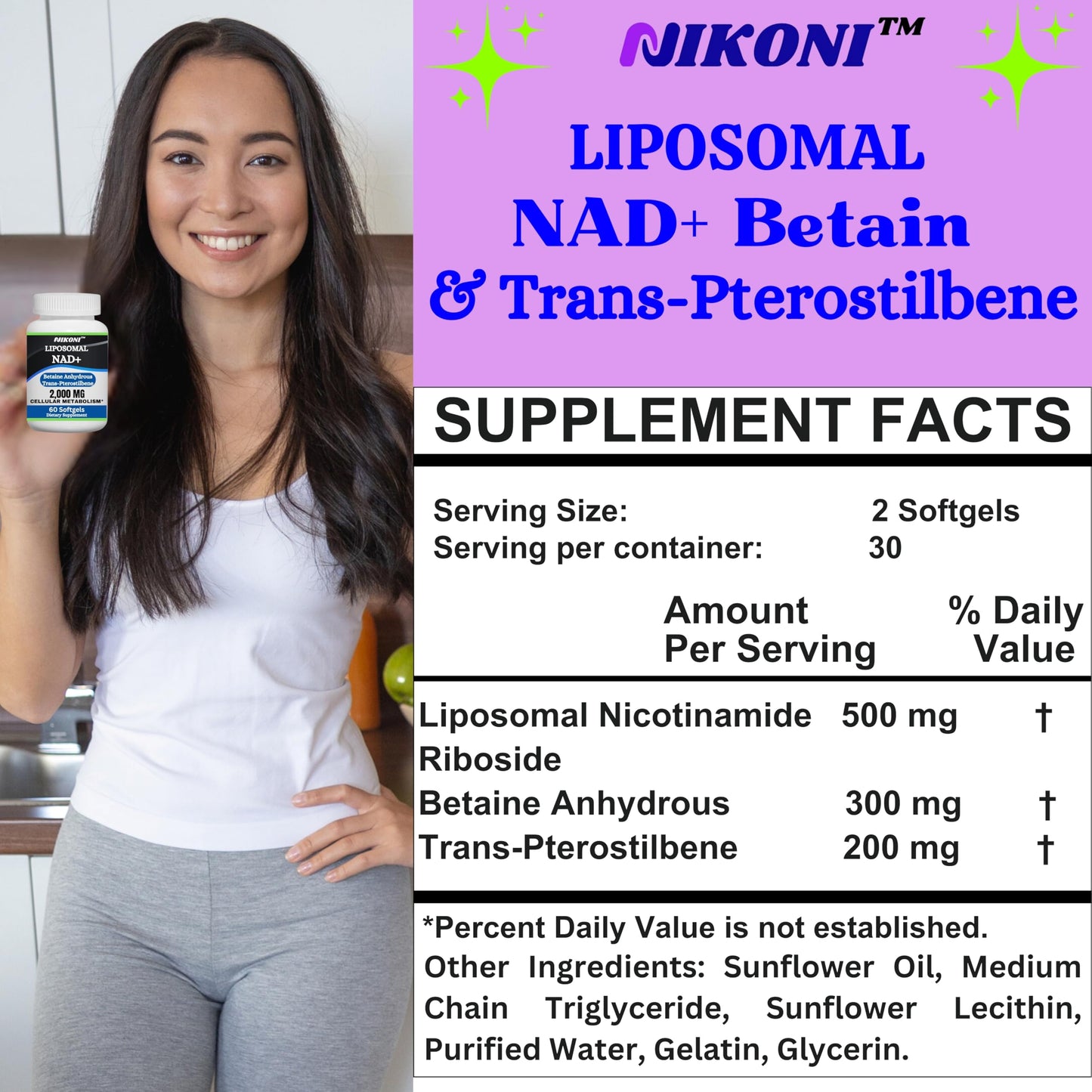 Nikoni Liposomal NAD+ 2000 mg with TMG and Pterostilbene Softgels