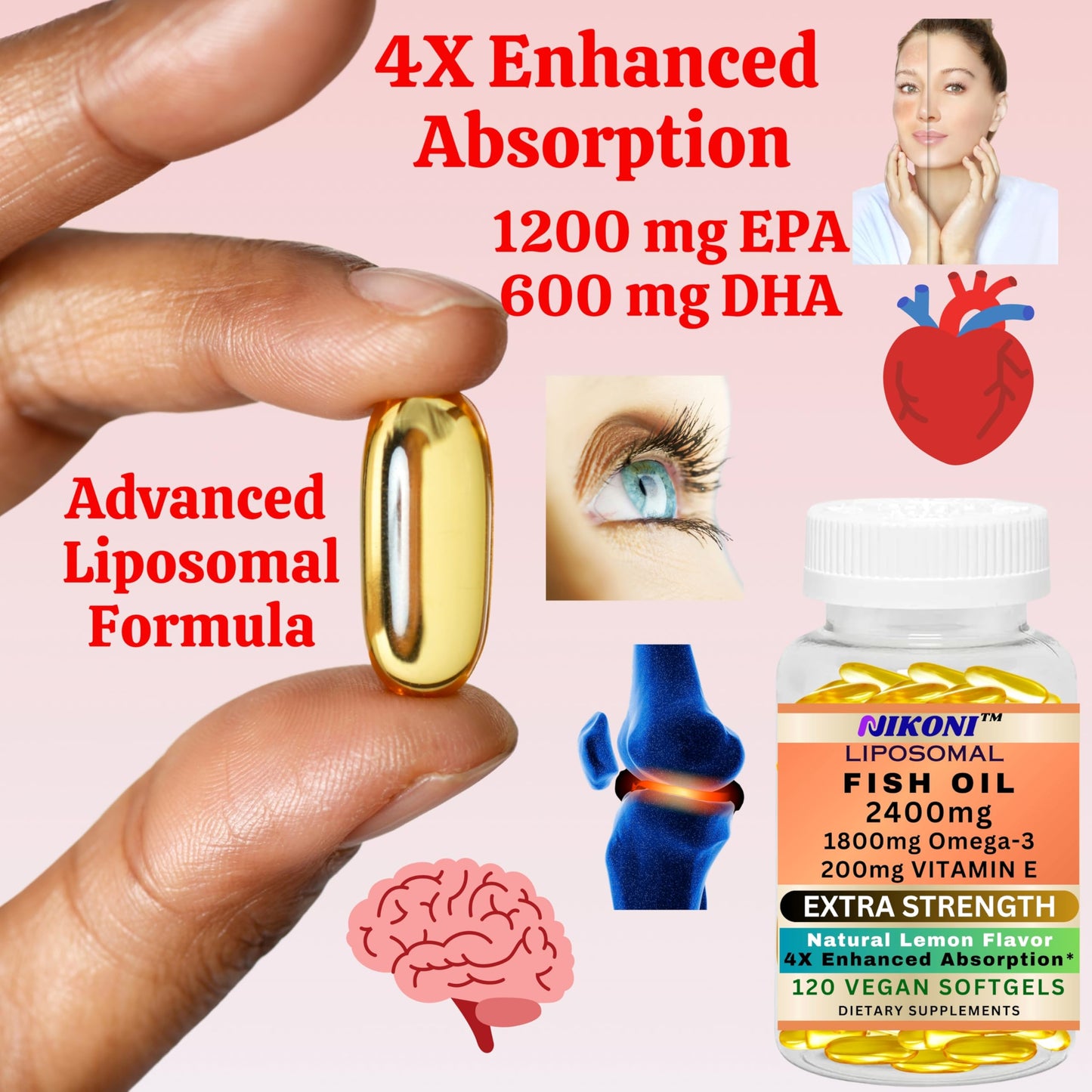 Nikoni Liposomal Lemon Flavored Fish Oil 2400 mg with 200 mg of Vitamin E  Vegan Softgels