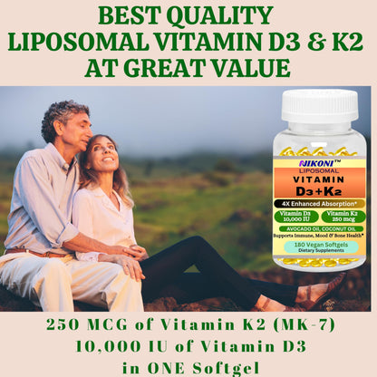 Nikoni Liposomal Vitamin D3 10000 IU, Vitamin K2 250 mcg, Vegan Softgels Supports  Bone Health