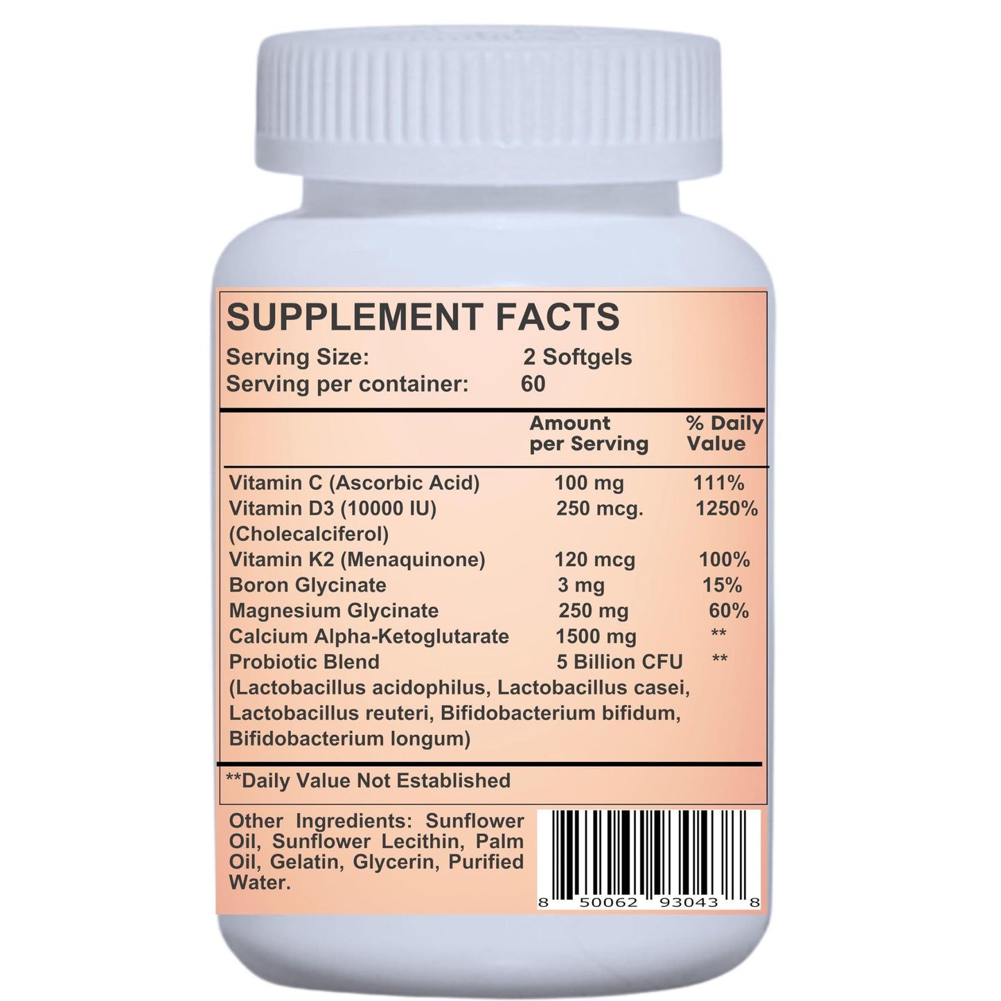 Liposomal Calcium AKG 1500mg, Vitamin C, D3, K2, Mg+ & Probiotics Soft gels