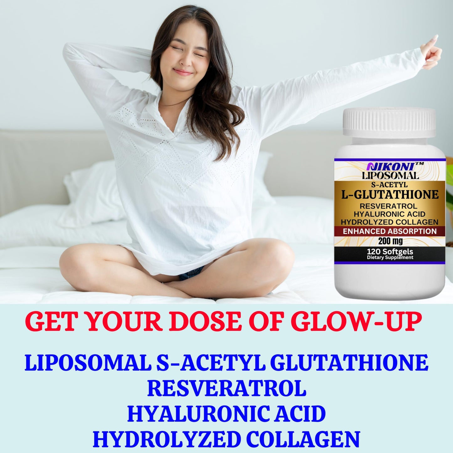Nikoni Liposomal S-Acetyl L-Glutathione Resveratrol, Hyaluronic Acid & Collagen  Softgels