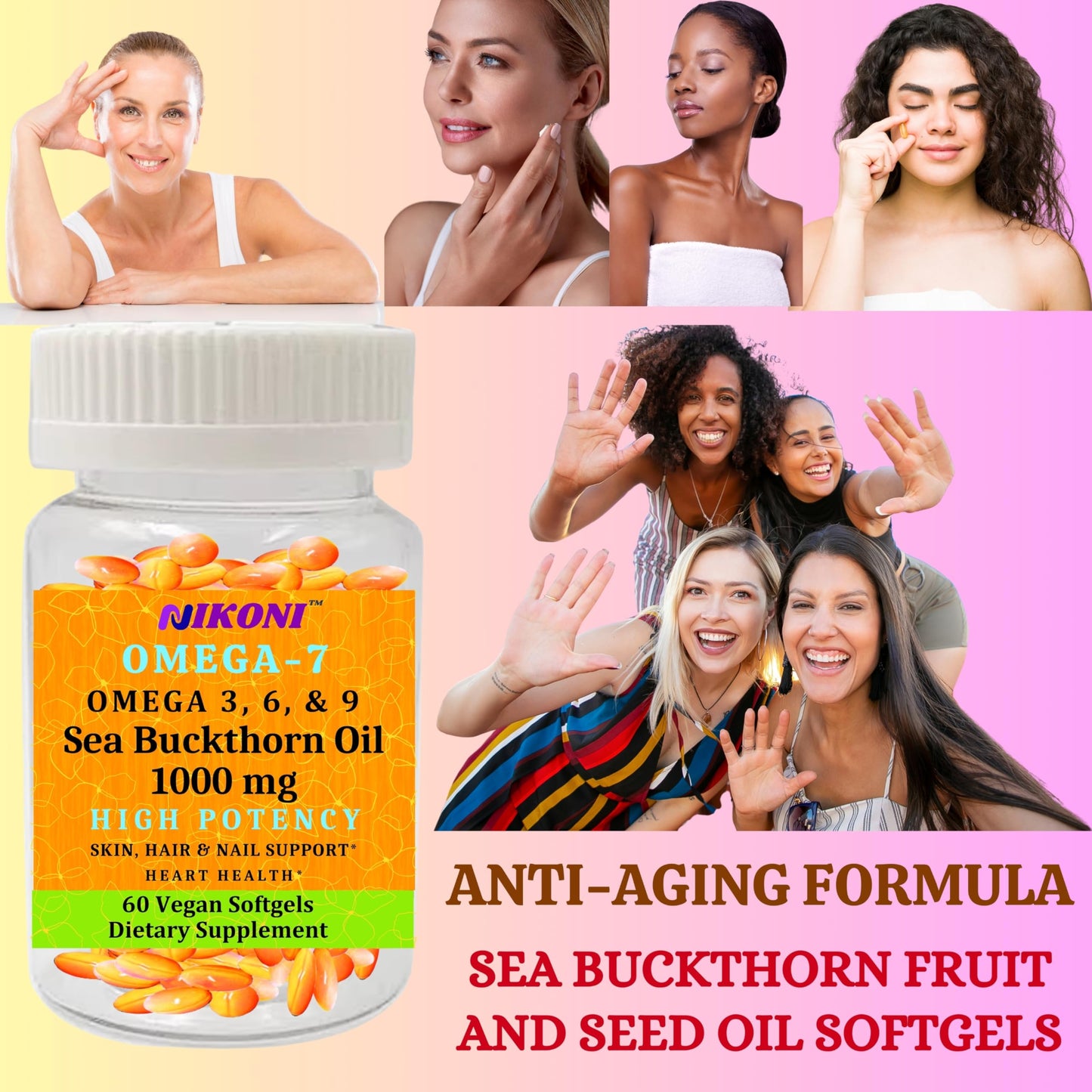 Nikoni Organic Sea Buckthorn Oil Vegan Softgels forr Healthy Skin, Hair, Nails