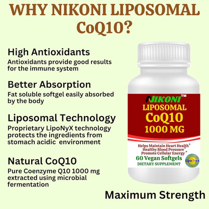 Nikoni Liposomal CoQ10 1000mg Vegan Softges, Supports Heart, Brain & Energy