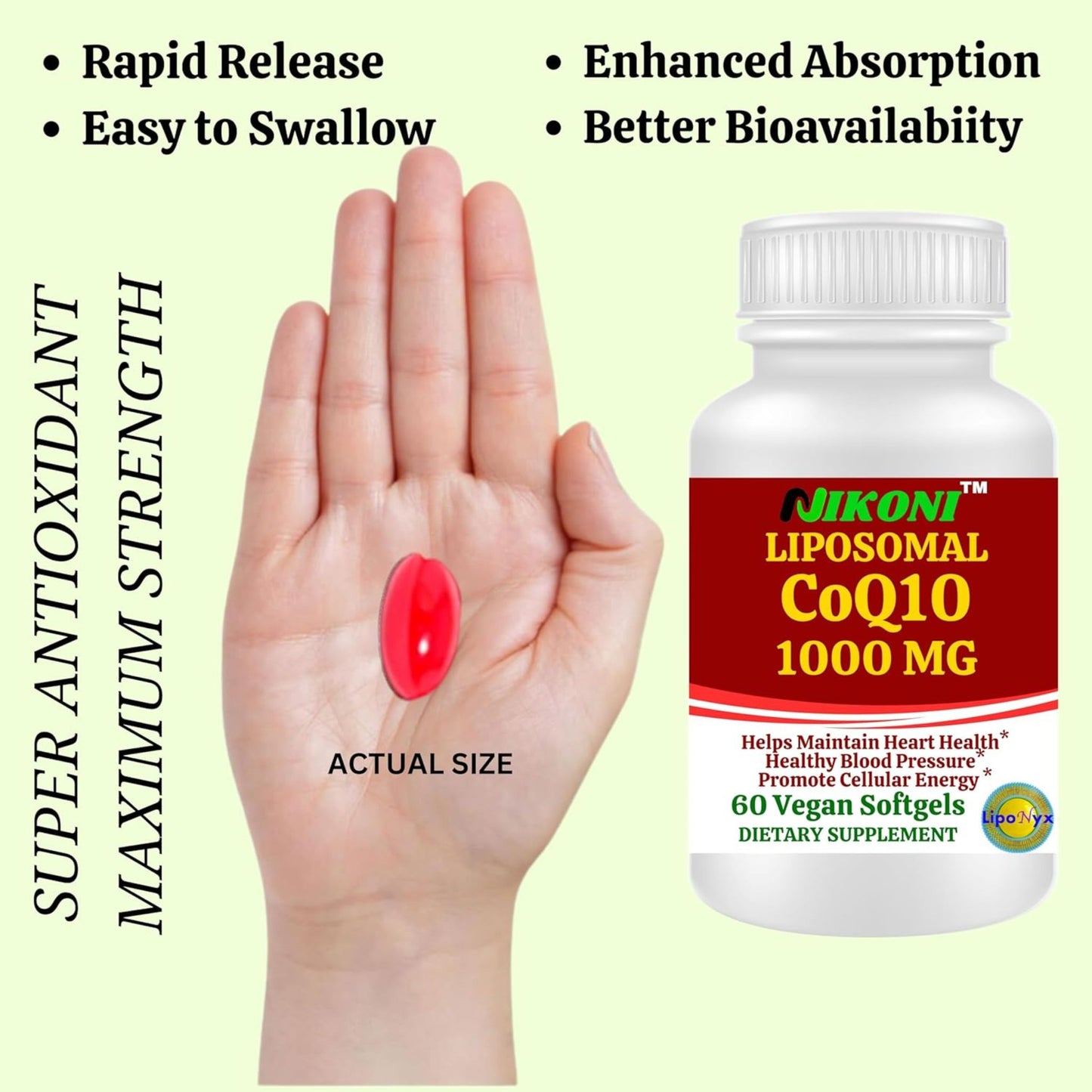 Nikoni Liposomal CoQ10 1000mg Vegan Softges, Supports Heart, Brain & Energy