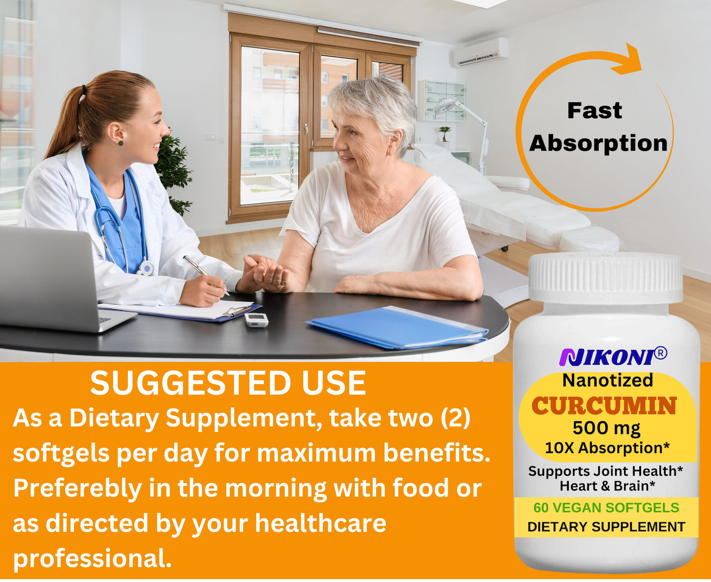 Nikoni Nanotized Curcumin Softgels, Supports Joint, Heart, & Immunity.