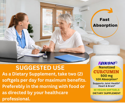 Nikoni Nanotized Curcumin Softgels, Supports Joint, Heart, & Immunity.