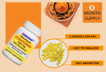 Nikoni Nanotized Curcumin Softgels, Supports Joint, Heart, & Immunity.