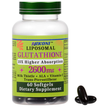 Nikoni Liposomal Glutathione 2600 mg Softgels for Skin Health, Immune Health, and Detox.
