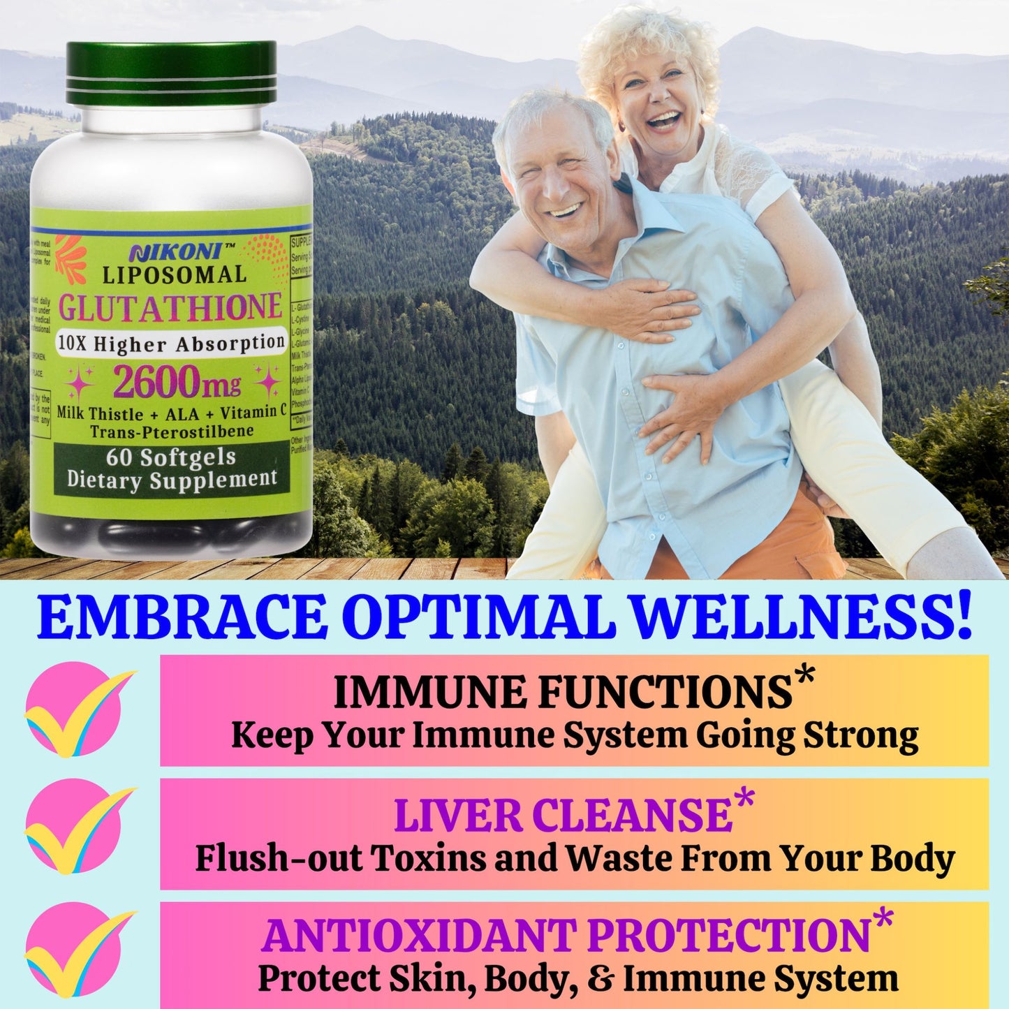 Nikoni Liposomal Glutathione 2600 mg Softgels for Skin Health, Immune Health, and Detox.