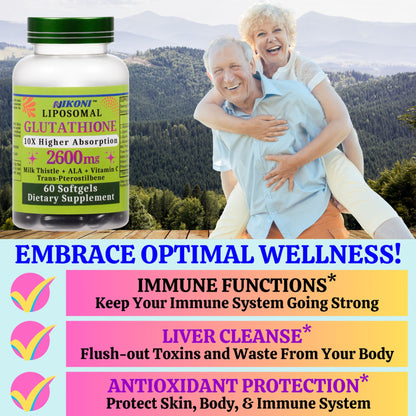 Nikoni Liposomal Glutathione 2600 mg Softgels for Skin Health, Immune Health, and Detox.