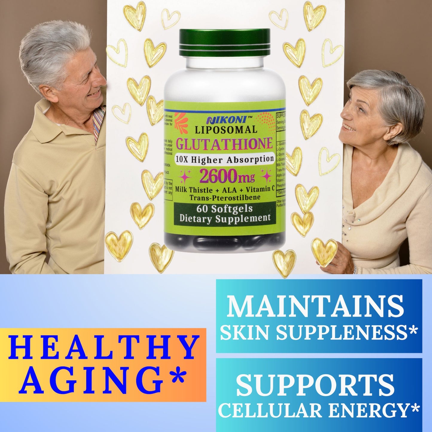 Nikoni Liposomal Glutathione 2600 mg Softgels for Skin Health, Immune Health, and Detox.