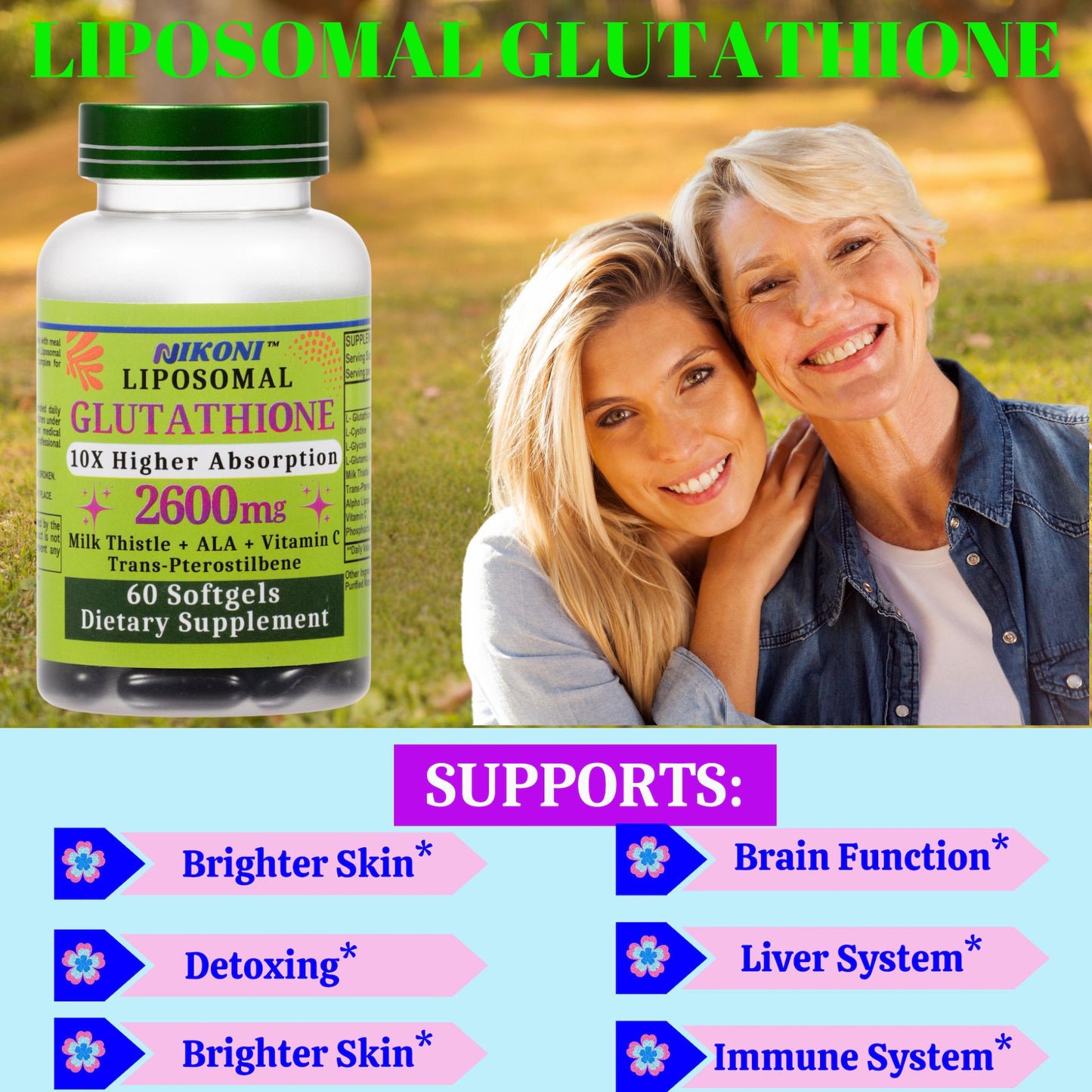 Nikoni Liposomal Glutathione 2600 mg Softgels for Skin Health, Immune Health, and Detox.