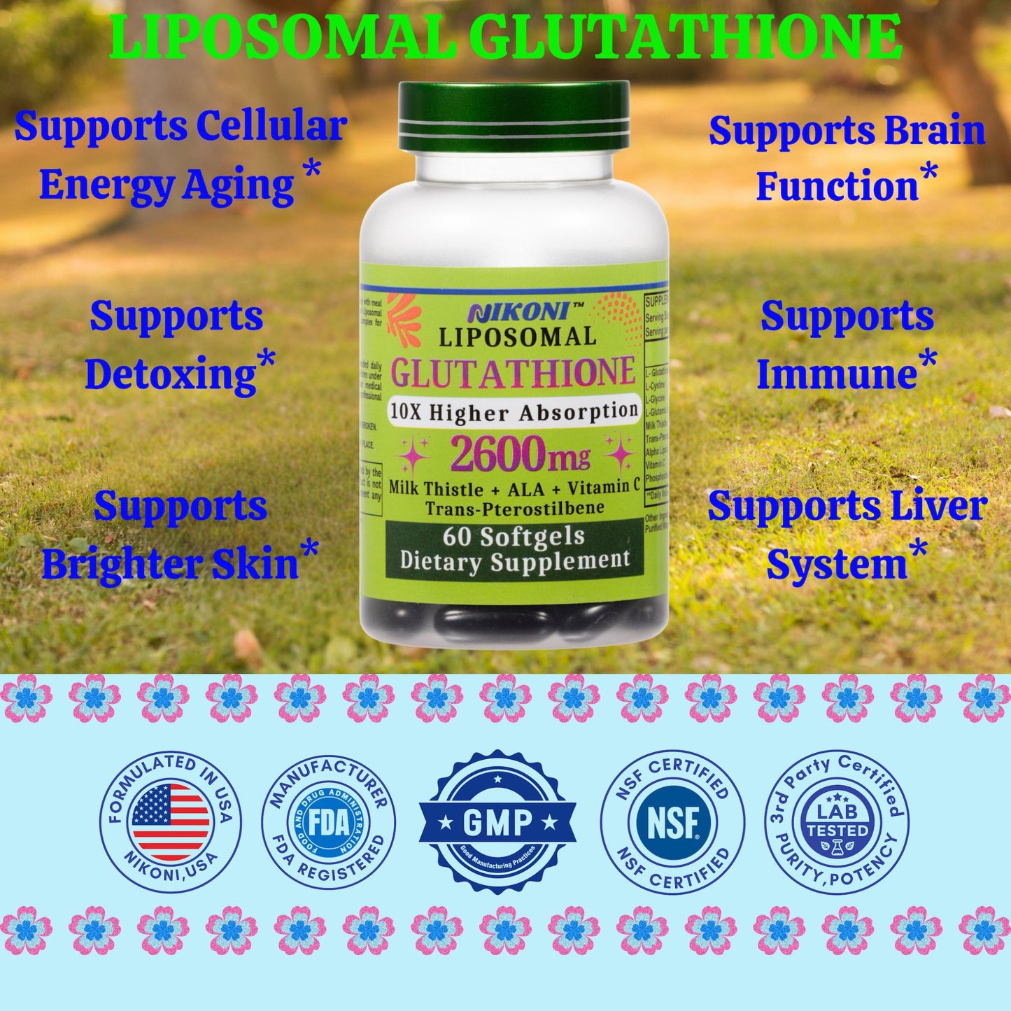 Nikoni Liposomal Glutathione 2600 mg Softgels for Skin Health, Immune Health, and Detox.