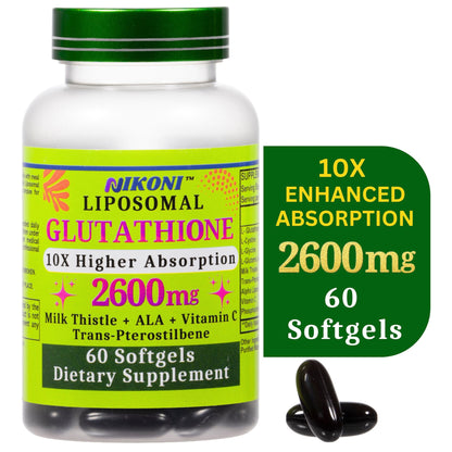 Nikoni Liposomal Glutathione 2600 mg Softgels for Skin Health, Immune Health, and Detox.