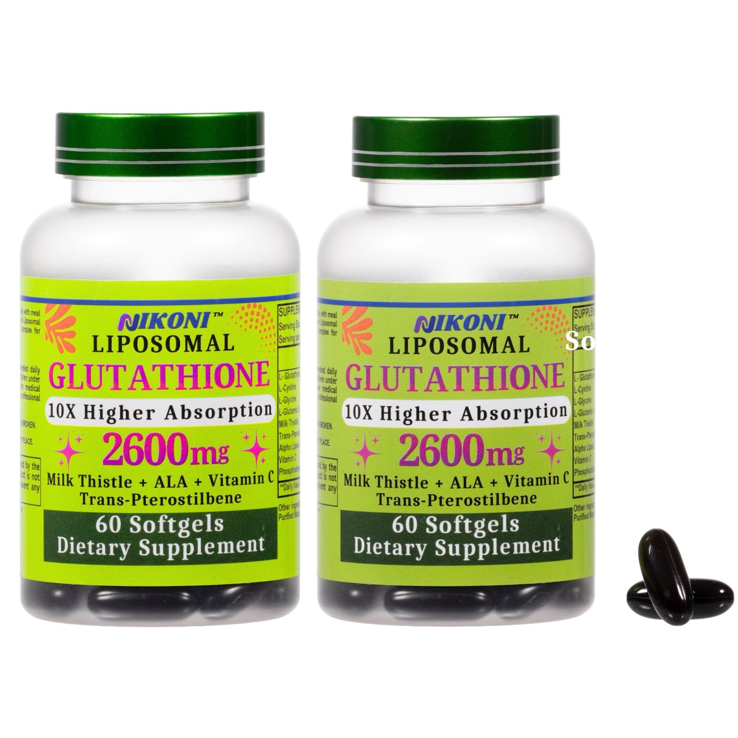 Nikoni Liposomal Glutathione 2600 mg Softgels for Skin Health, Immune Health, and Detox.