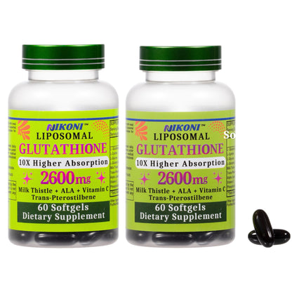 Nikoni Liposomal Glutathione 2600 mg Softgels for Skin Health, Immune Health, and Detox.