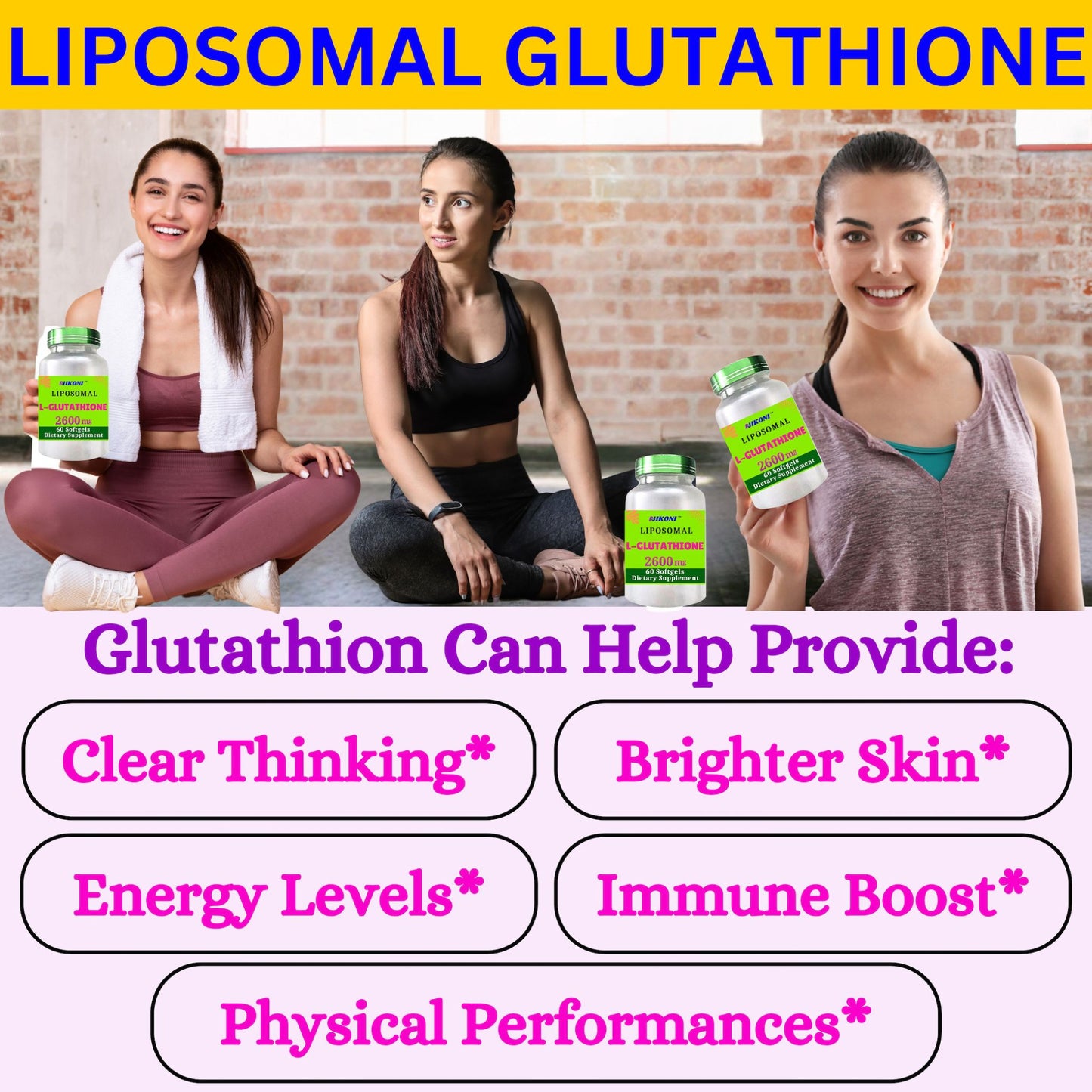 Nikoni Liposomal Glutathione 2600 mg Softgels for Skin Health, Immune Health, and Detox.